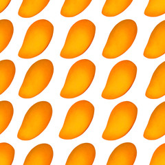 Yellow ripe mangoes fruits seamless repeat pattern, isolated die cut and clipping path on white background for wallpaper and fabric textiles printed