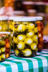Fototapeta premium Labneh Balls in Oil for sale at Beirut Market , called Souk el Tayeb