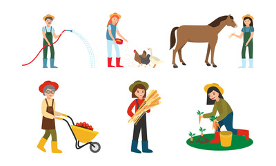 Happy young men and women farmers harvesting and feeding animals