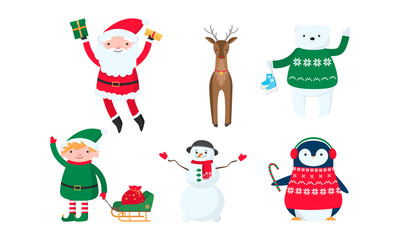 Christmas and New year Santa Claus, snowman and decorated animals