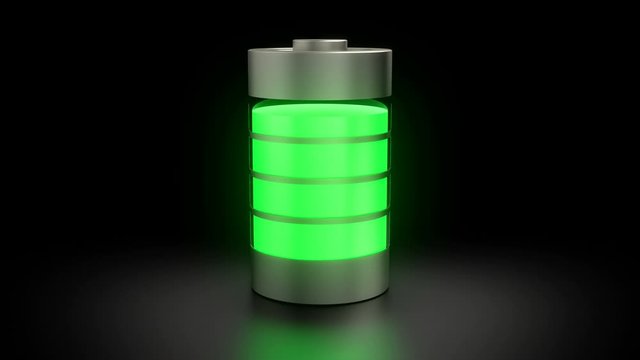 Electronic device battery charging process. Animation showing the process of rechargeable battery charge with color changing from red through yellow to green as battery power increasing.