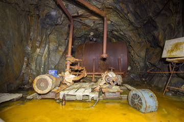 Underground copper mine water pumping station room with pumpsets
