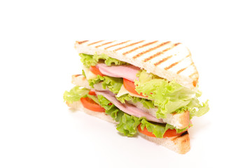 sandwich- grilled toast with lettuce, tomato and ham isolated on white background