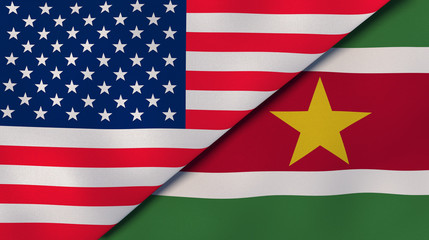 Fototapeta premium The flags of United States and Suriname. News, reportage, business background. 3d illustration
