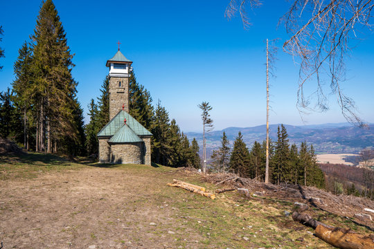 lookout tower on top of Kozubov mountain with view of Jablunkov, Czech Beskydy