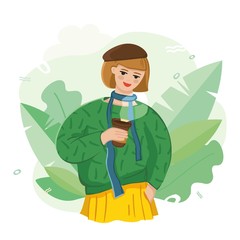 Girl with a mug of coffee in a beret and a green sweater on a green floral abstract background. Enjoy every minute of your life. Conscious consumption of coffee drink concept. Vector illustration. 
