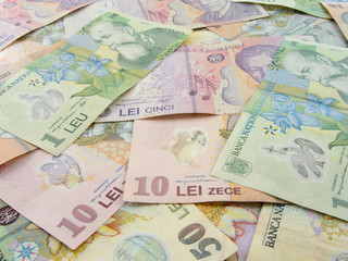 many banknotes of romanian currency leu ron concept