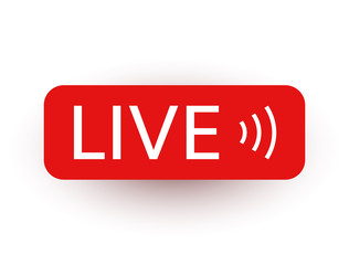 Live sticker. Live stream, video, news icon on white background. Social media template. Broadcasting, online stream. Play button. Social network sign. Vector illustration