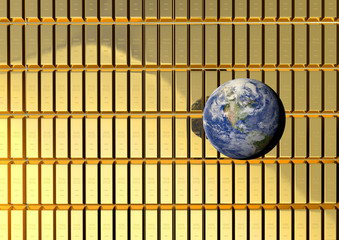 Fototapeta premium A 3D rendering wall of fine glod bar with the earth