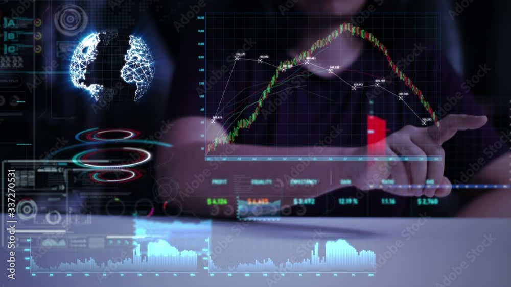 Poster woman using business user interface with stock graph chart and indicator element, raising and fallin