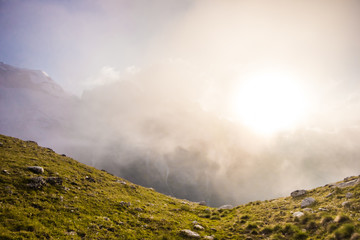 Alpine meadows and rocks in the Caucasus mountains in Russia