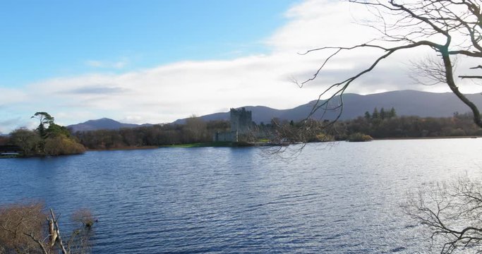 Aerial view of tree in lake. Flying over water towards and old Irish castle.