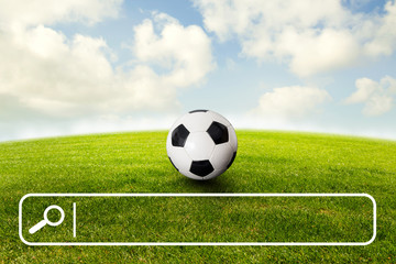 Fototapeta na wymiar Suchfeld mit Lupe vor einem Fußball auf dem Rasen