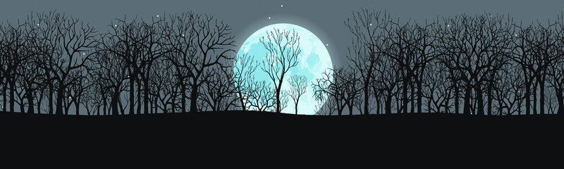 The concept of loneliness. Moonrise in the middle of the forest. Vector