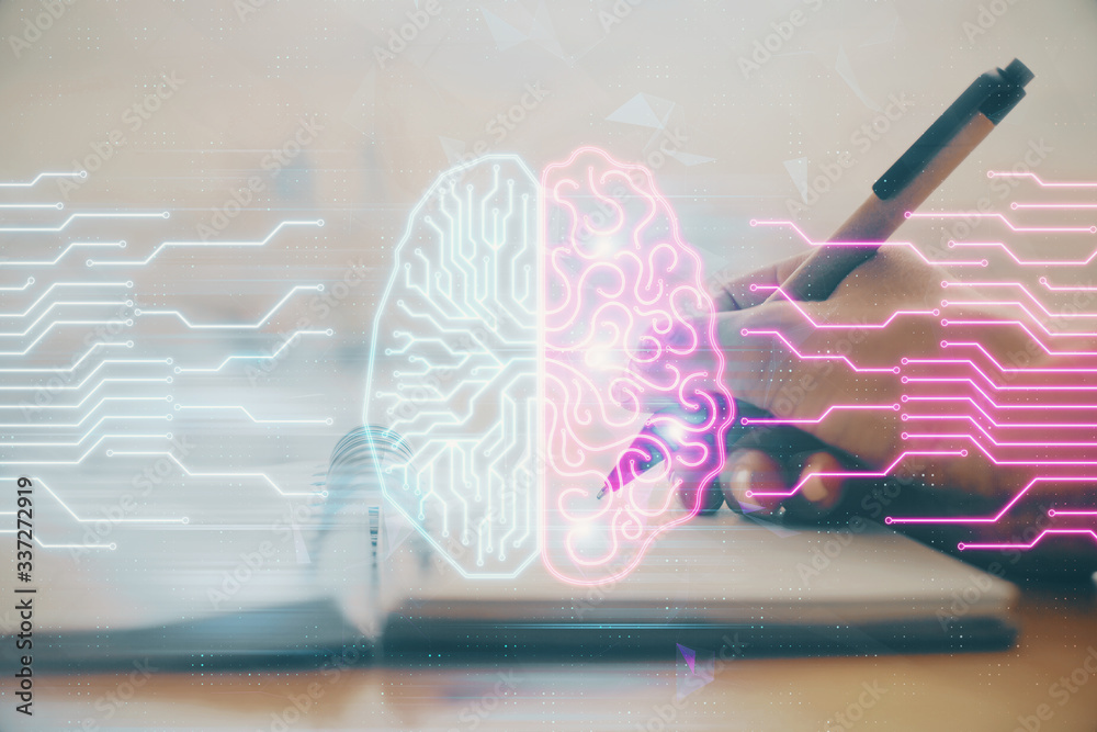 Poster Double exposure of writing hand on background with brain hologram. Concept of learning.