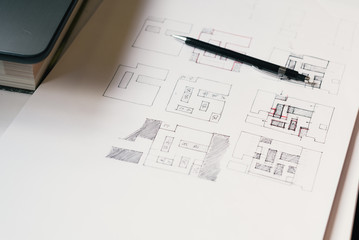 Naklejka na ściany i meble Architect Desk With Hand-drawn Plan Sketches And Pencil