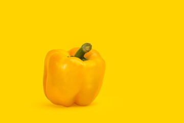 Pimiento amarillo sobre fondo amarillo brillante aislado. Vista de frente. Copy space