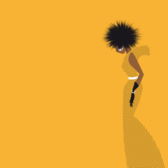 Abstract silhouette of an African woman with curly hair in a long yellow dress with black polka dots - 337275965