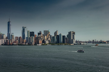 New York City skyline with clear sky and buildings, skyscrapers