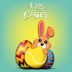 Happy Easter. Easter eggs, rabbit and tennis ball