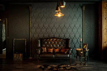 Fotobehang Old vintage interior with leather sofa © Med Photo Studio