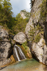 Enipeas waterfall with small lake surrounded by trees