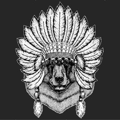 Wild bear. Indian tribal traditional headdress with feathers. Portrait of animal for emblem, logo, tee shirt.