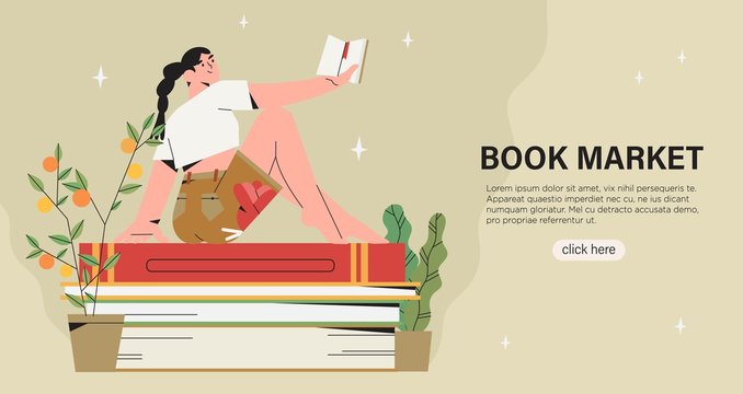 Vector illustration of woman sitting on pile of books and reading. Creative banner, poster, invitation for book crossing, exchange, marker, fair or online library. World literacy or reading day.