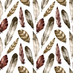  Aquarel naadloze patroon met hand getrokken vogelveren in boho-stijl. Achtergrond met natuurelementen voor behang, verpakking, uitnodiging, woondecoratie © Kate K.