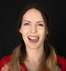 Emotion. Closed woman face with facial expressions over black background