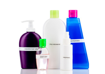 disinfectant, sanitizer in plastic packaging on a white background