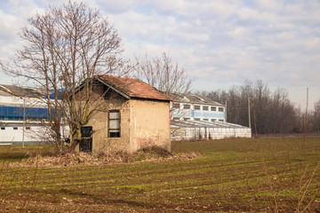 Obraz premium shed of a large factory on the edge of an agricultural field with an old peasant house