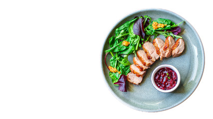 duck breast salad, Menu concept food background keto or paleo diet. top view. copy space for text 