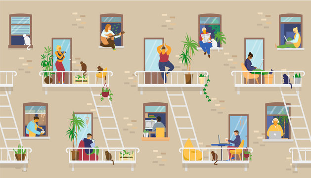 House exterior with people in windows and balconies staying at home and doing different activities: studying, playing guitar, working, doing yoga, cooking, reading. Flat vector illustration.