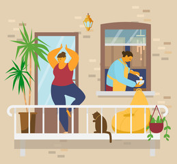 Woman in tree pose doing yoga on balcony with cat and plants, man in apron poors soup in bowl in kitchen window . Home activities. Stay at home concept. Flat vector illustration.