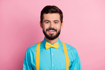 Close-up portrait of his he nice attractive cheerful cheery bearded guy wearing festal mint blue...