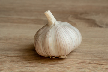 one white winter garlic close-up on a wooden background