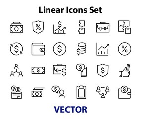 Set of business vector line icons. It contains user symbols, dollar pictograms, gears, briefcase, puzzles, envelope, percentage, messages, schedule, and more. Editable Bar 460x460 pixels.