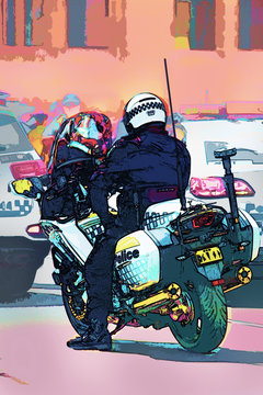 Colourful Illustration Of A Nsw Policeman On His Stationary Motorbike On The Street With Two Police Cars In The Background.  Australian