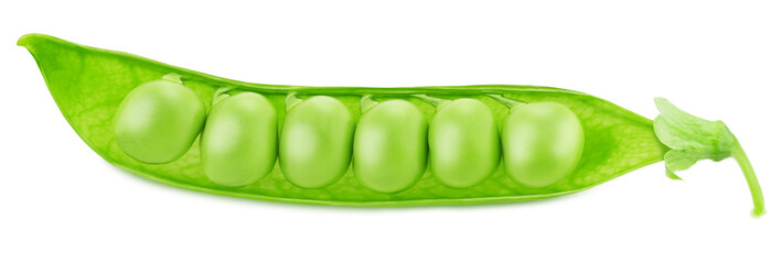 Closeup of green pea pod with beans isolated on a white background.