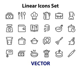 Set of icons for cooking and kitchen, vector lines, contains icons such as a knife, saucepan, boiling time, mixer, scales, recipe book. Editable stroke, perfect 480x480 pixels, white background