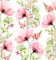 Watercolor seamless floral pattern. Abstract poppies, leaves and fresia plant. Isolated hand drawn background with colourful flowers for wallpaper design, textile, fabric