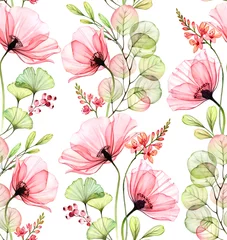 Aluminium Prints Poppies Watercolor seamless floral pattern. Abstract poppies, leaves and fresia plant. Isolated hand drawn background with colourful flowers for wallpaper design, textile, fabric