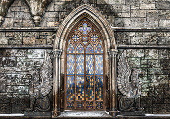 stained glass on castle with decor arc