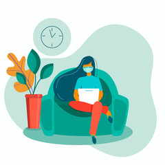 Stay home concept. Girl takes care for houseplants, reading book, doing yoga