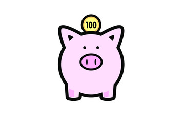 ブタの貯金箱と100円玉のイラスト