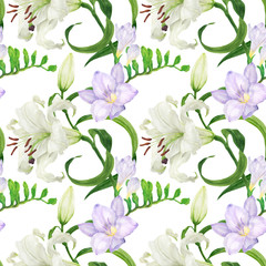 Obraz premium Lily and freesia flowers traced watercolor seamless pattern