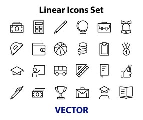 A simple set of school items. Contains icons such as student, award, geography, physical education, geometry and more. On white background. Editable stroke. 480x480