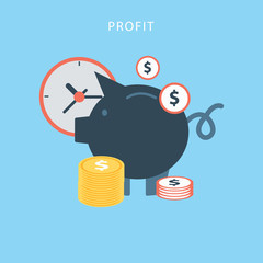Money saving concept. Vector illustration in flat style design. Piggy bank, calculator and coin