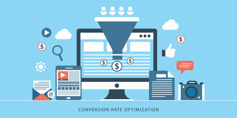 Conversion rate optimization, customer conversion, digital sales funnel flat vector banner illustration